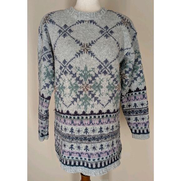 Vintage 90s St Johns Bay Wool Blend Sweater Large V-Neck Nordic Fair Isle Purple - Picture 1 of 13